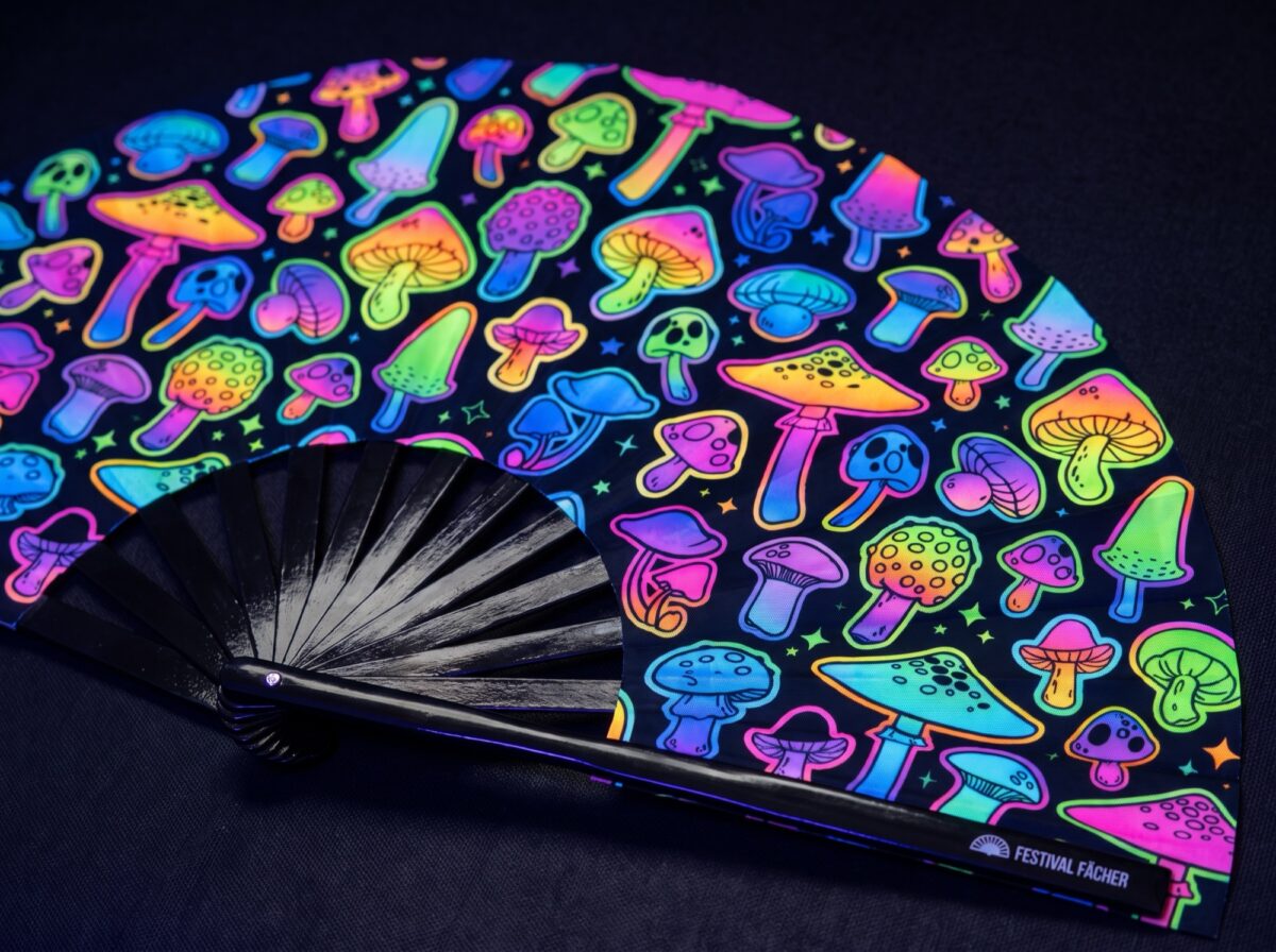 Festival Fan med neonfarvede svampe, airbrush, sort, til Goa & Psytrance, Visning 5