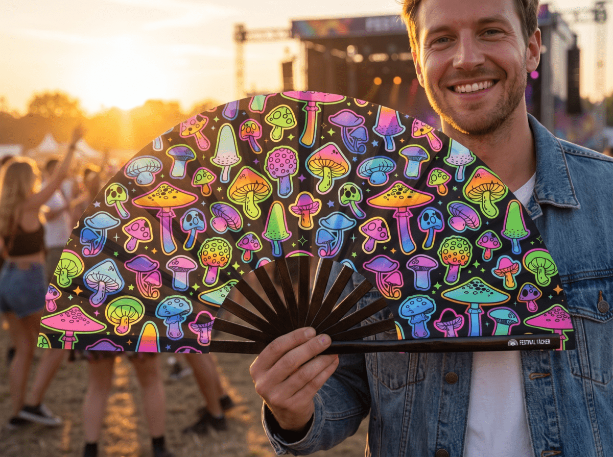 Festival Fan med neonfarvede svampe, airbrush, sort, til Goa & Psytrance, Visning 3