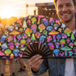 Festival Fan med neonfarvede svampe, airbrush, sort, til Goa & Psytrance, Visning 3