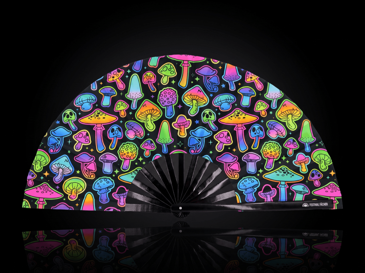 Festival Fan med neonfarvede svampe, airbrush, sort, til Goa & Psytrance