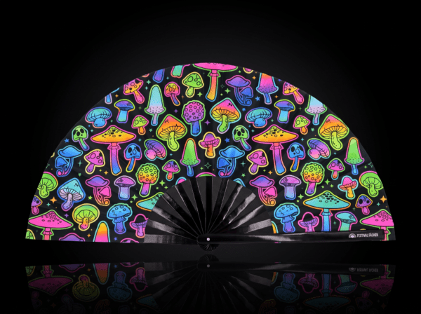 Festival Fan med neonfarvede svampe, airbrush, sort, til Goa & Psytrance