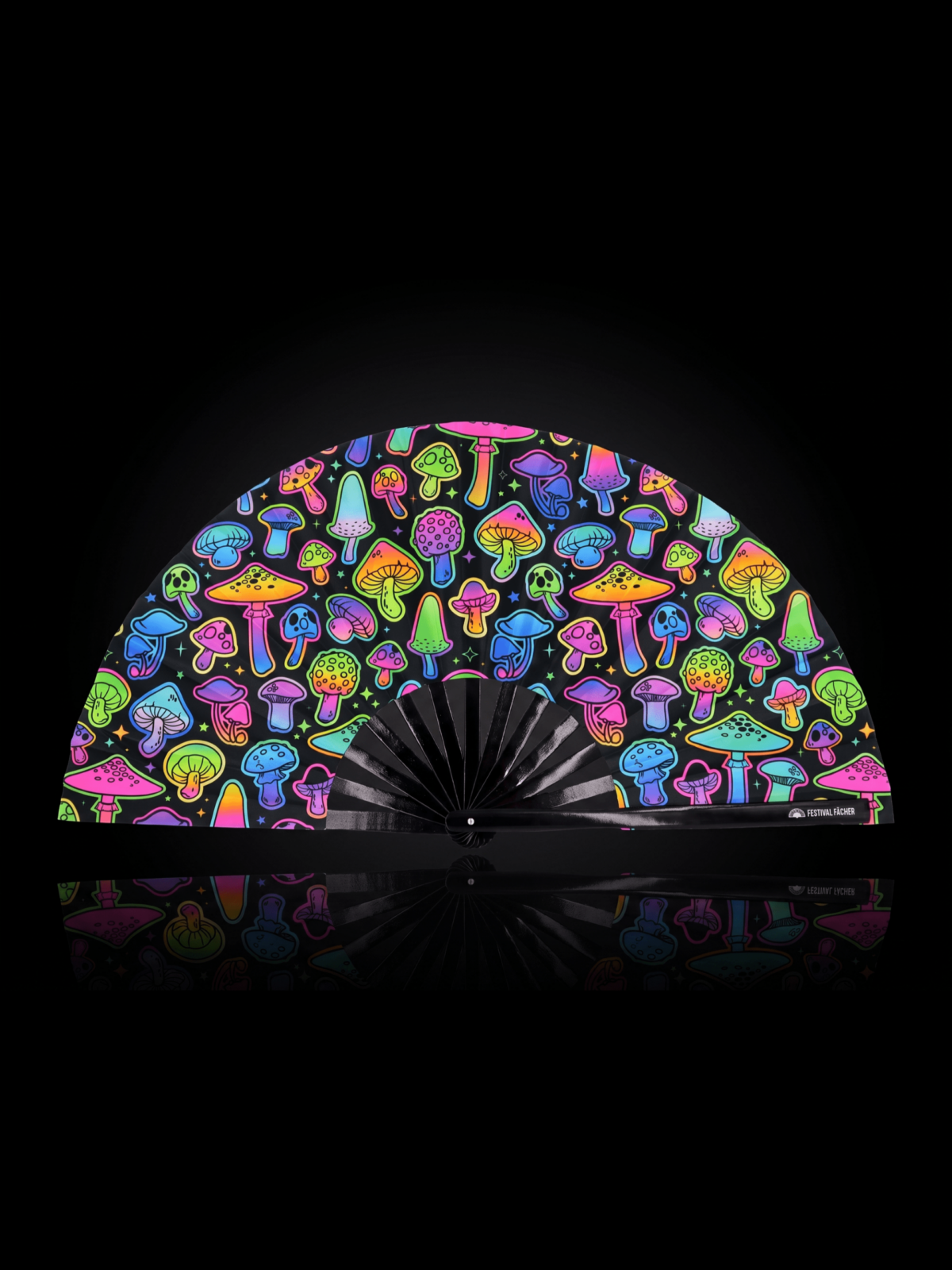 Festival Fan med neonfarvede svampe, airbrush, sort, til Goa & Psytrance