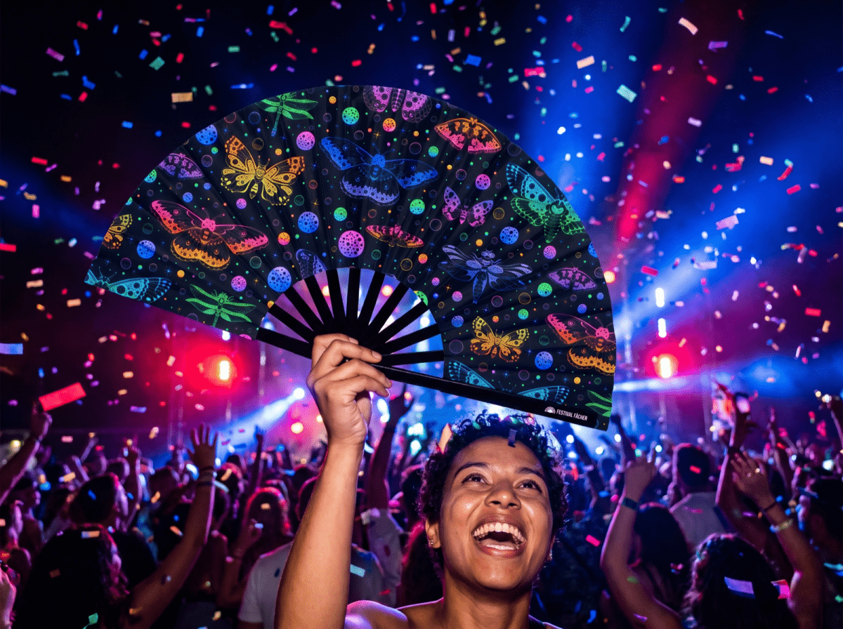 Festival Fan med neonfarvede sommerfugle i sort til Rave og blacklight, Visning 4