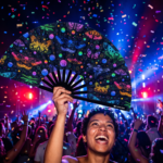 Festival Fan med neonfarvede sommerfugle i sort til Rave og blacklight, Visning 4