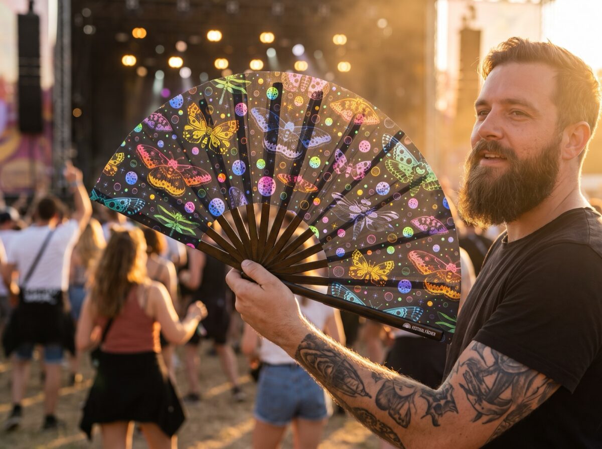 Festival Fan med neonfarvede sommerfugle i sort til Rave og blacklight, Visning 3
