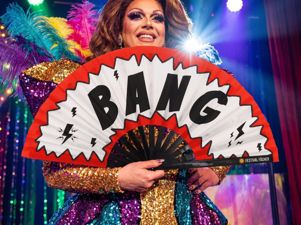 Festival Fan »BANG«, comic i rødt og hvidt, til Rave og fest, Visning 5