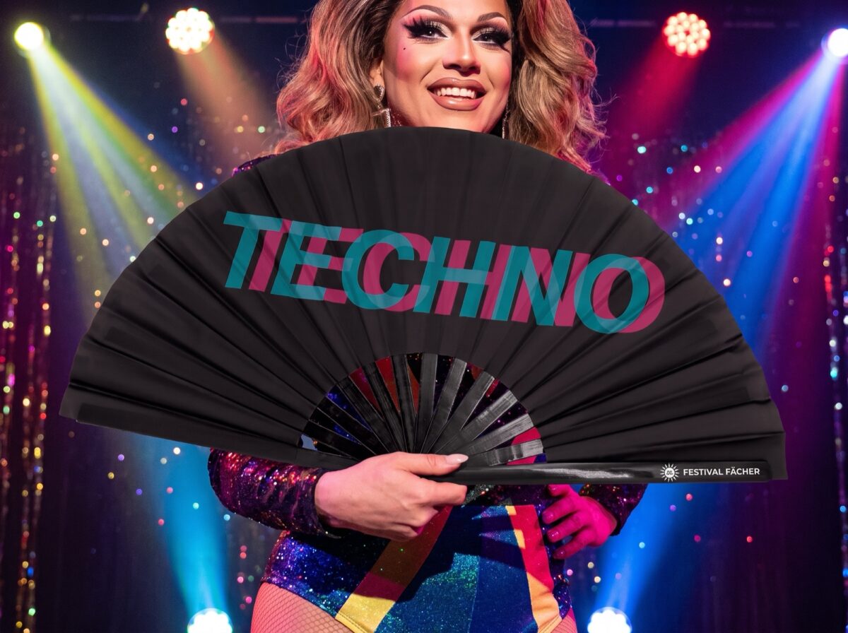 Festival Fan „TECHNO“ sort, blågrøn-lyserød, Techno & Rave, Visning 5