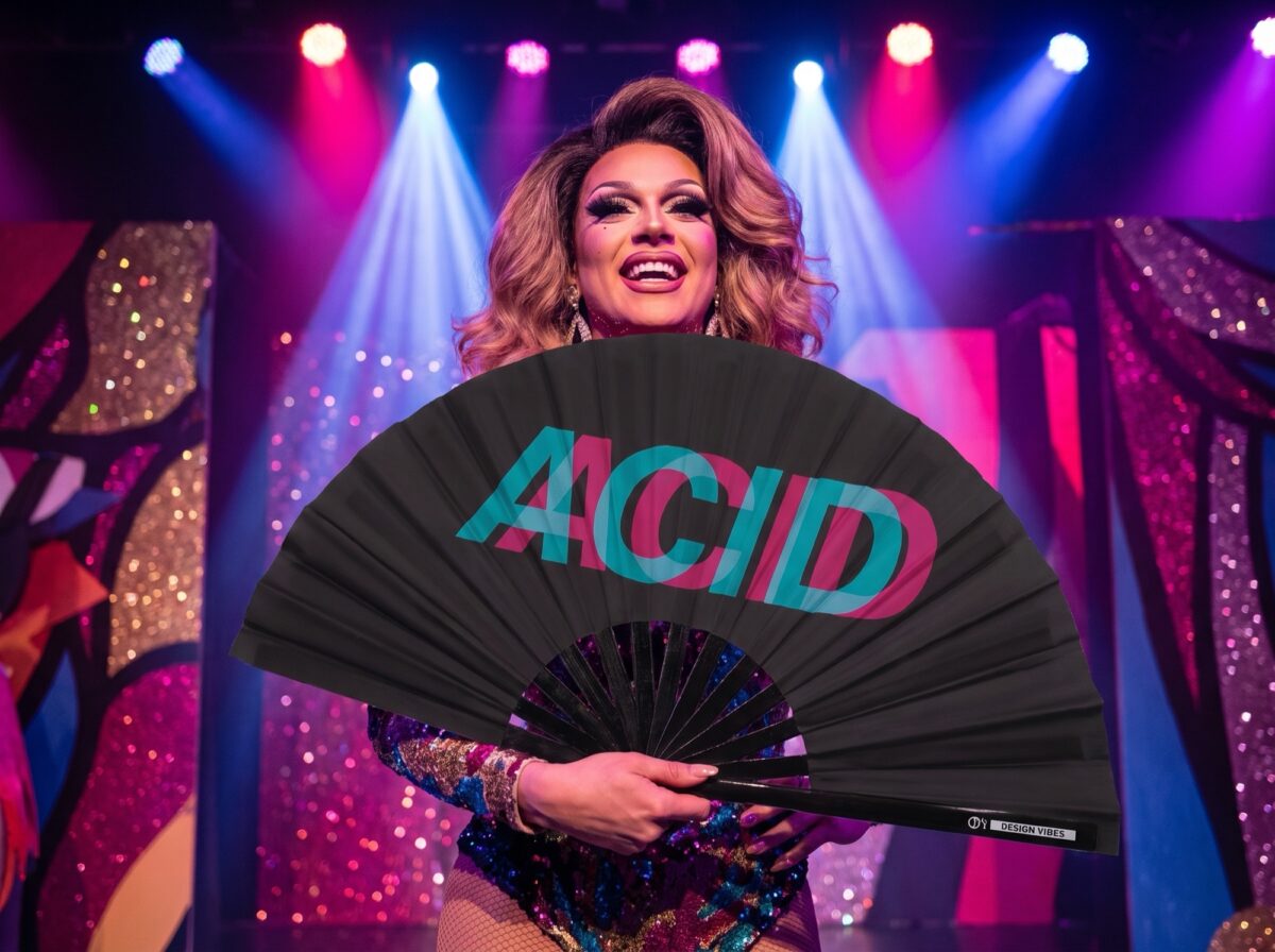 Festival Fan “ACID” sort blågrøn-pink – techno & rave accessoire, Visning 5