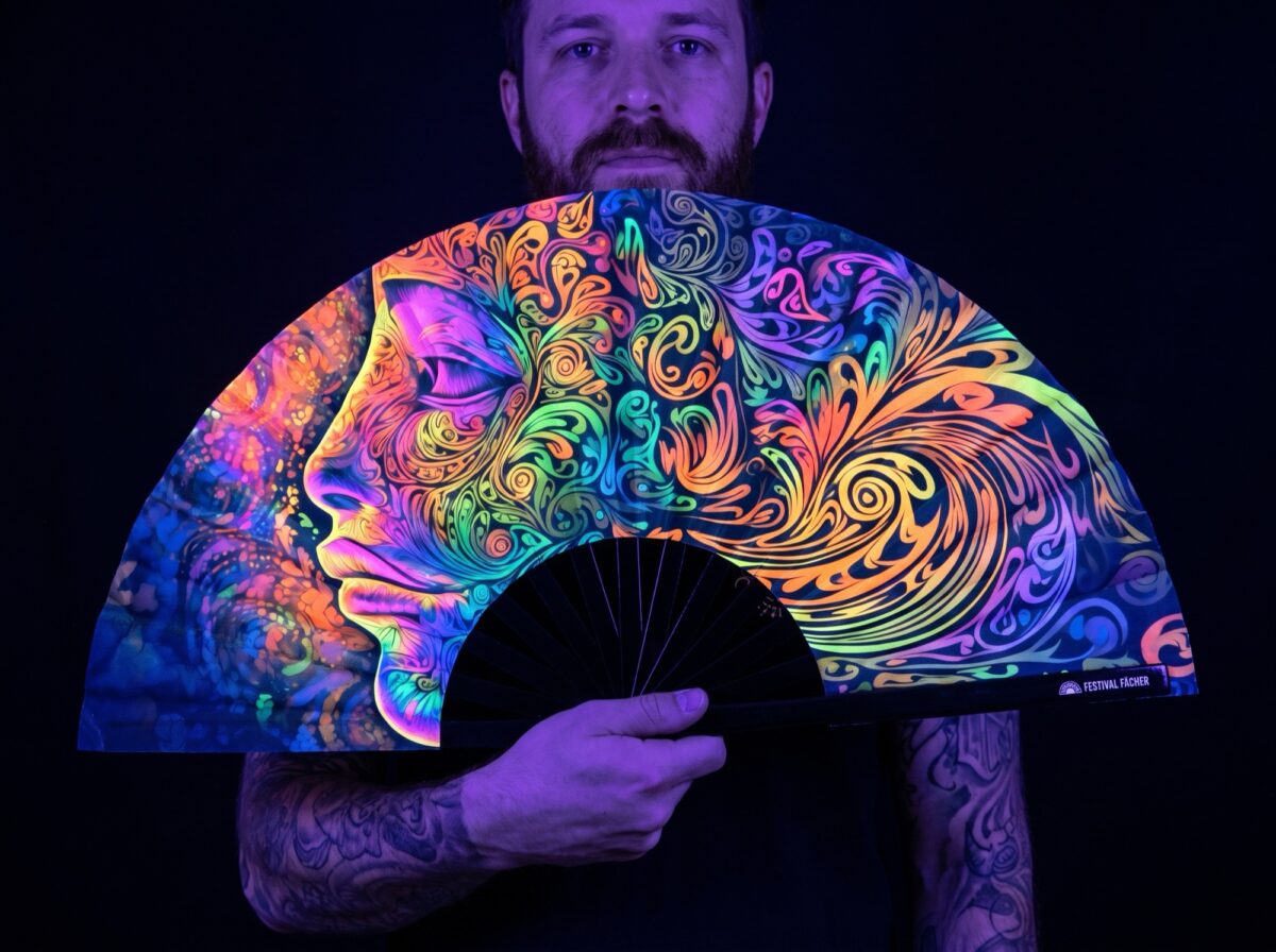 Festival Fan »Psychedelic Wirbel Bunt« til psytrance og goa Rave (UV)