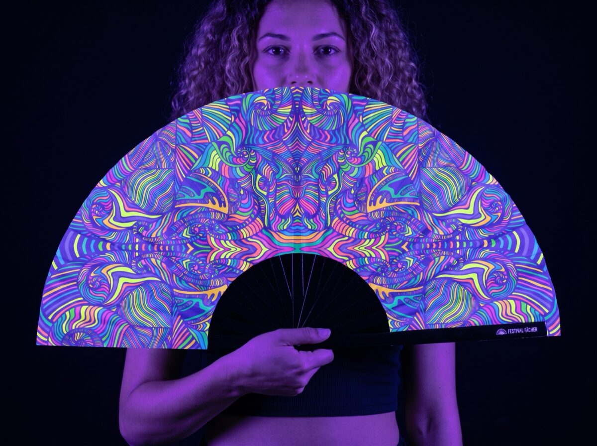 Festival Fan, Psykedelisk mandala i lilla til psytrance og Rave Rave (UV)