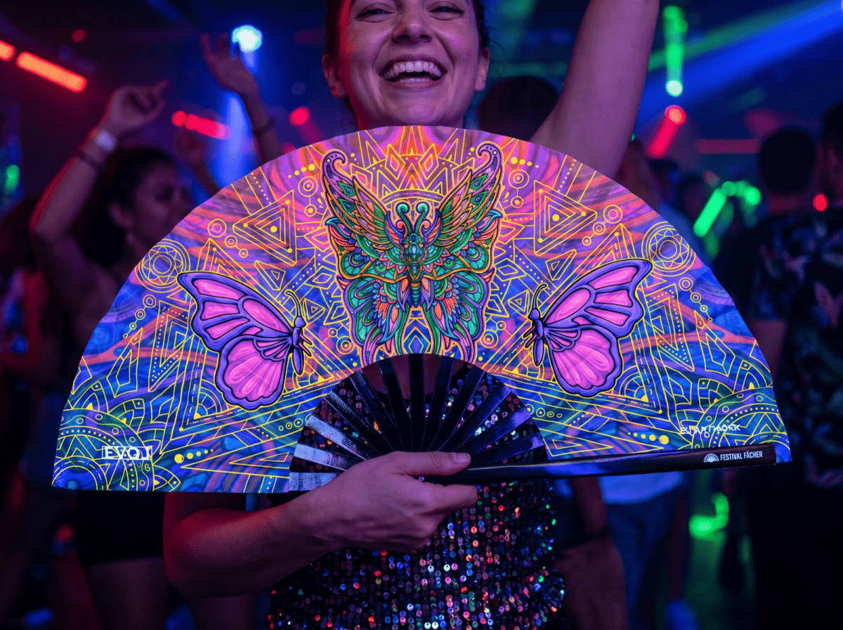 Festival Fan med sommerfugl-mandala i lilla til psytrance og festivaler, Visning 2