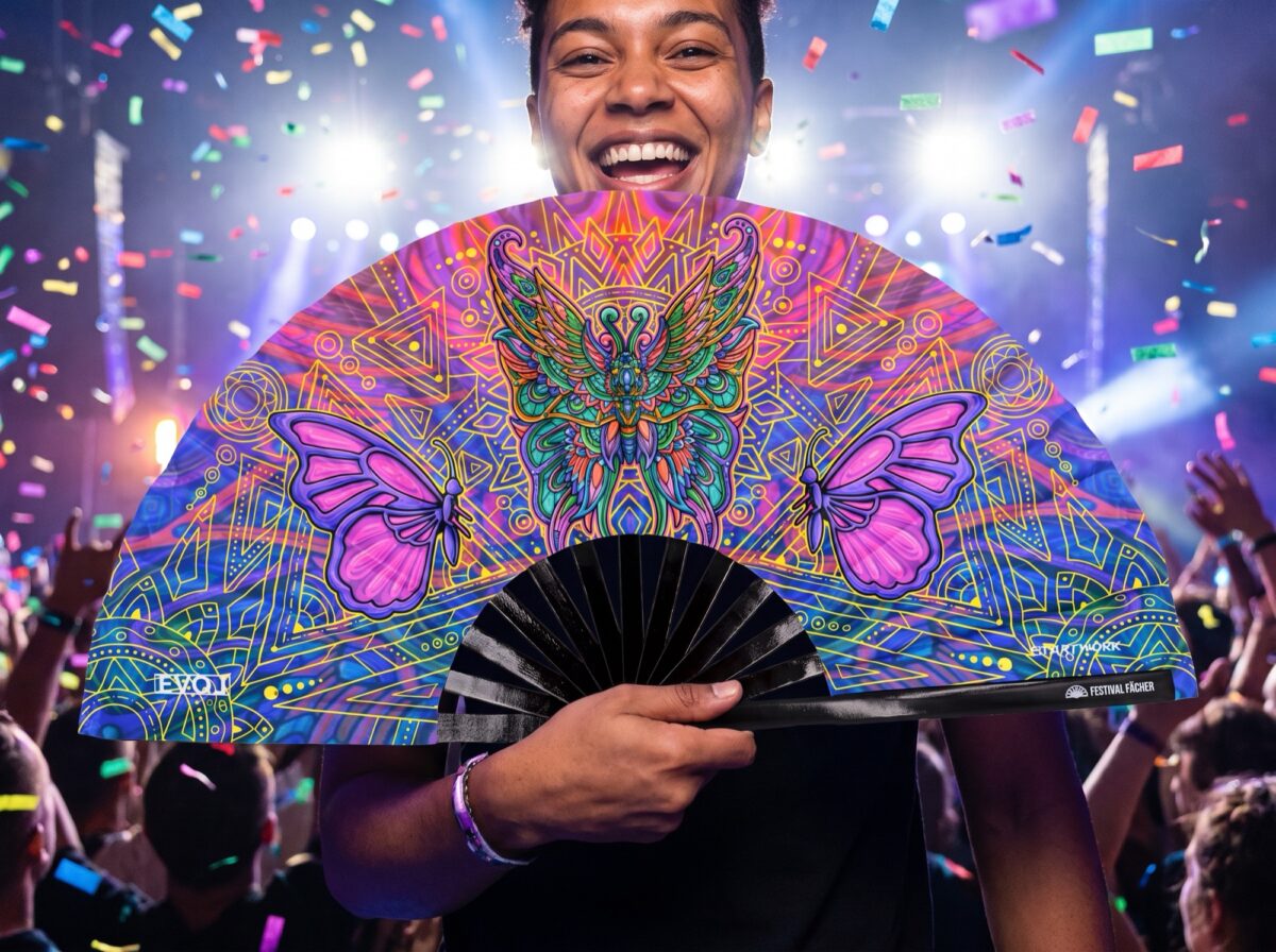 Festival Fan med sommerfugl-mandala i lilla til psytrance og festivaler, Visning 4