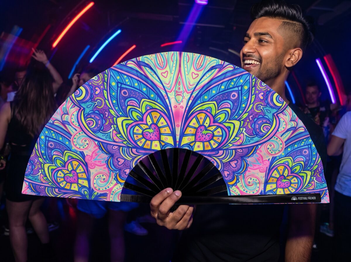 Festival Fan med sommerfugl-mandala i turkis til psytrance og Rave, Visning 2