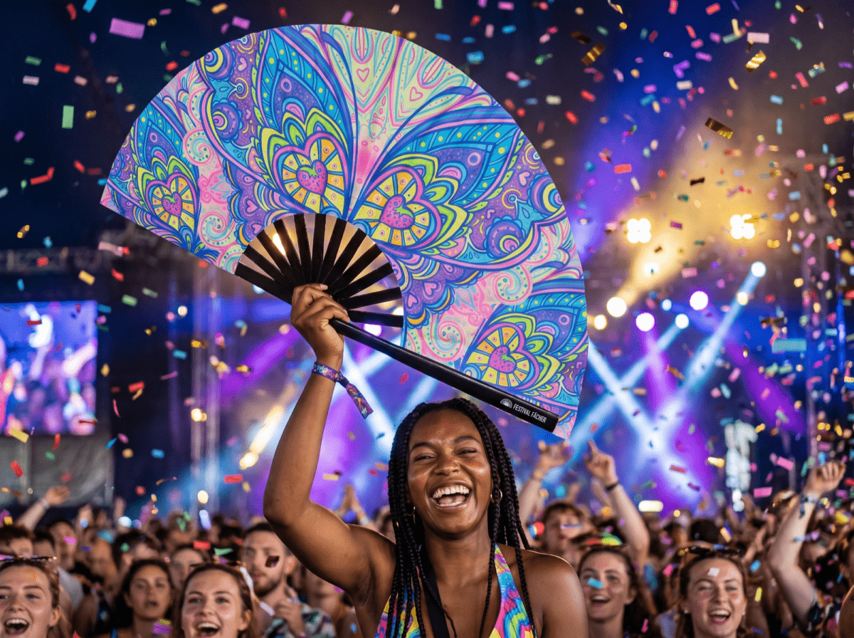 Festival Fan med sommerfugl-mandala i turkis til psytrance og Rave, Visning 4