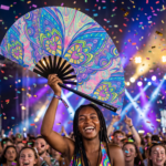 Festival Fan med sommerfugl-mandala i turkis til psytrance og Rave, Visning 4