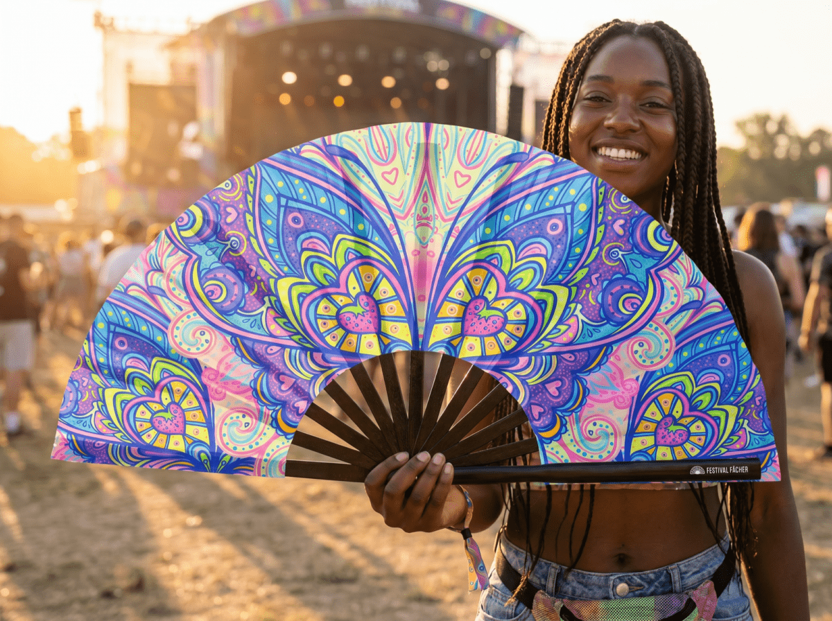 Festival Fan med sommerfugl-mandala i turkis til psytrance og Rave, Visning 3