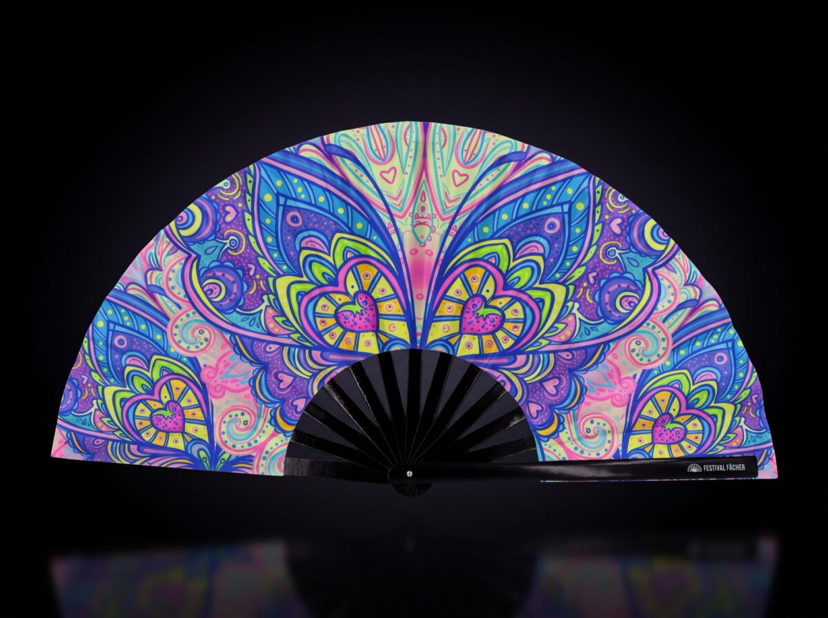 Festival Fan med sommerfugl-mandala i turkis til psytrance og Rave