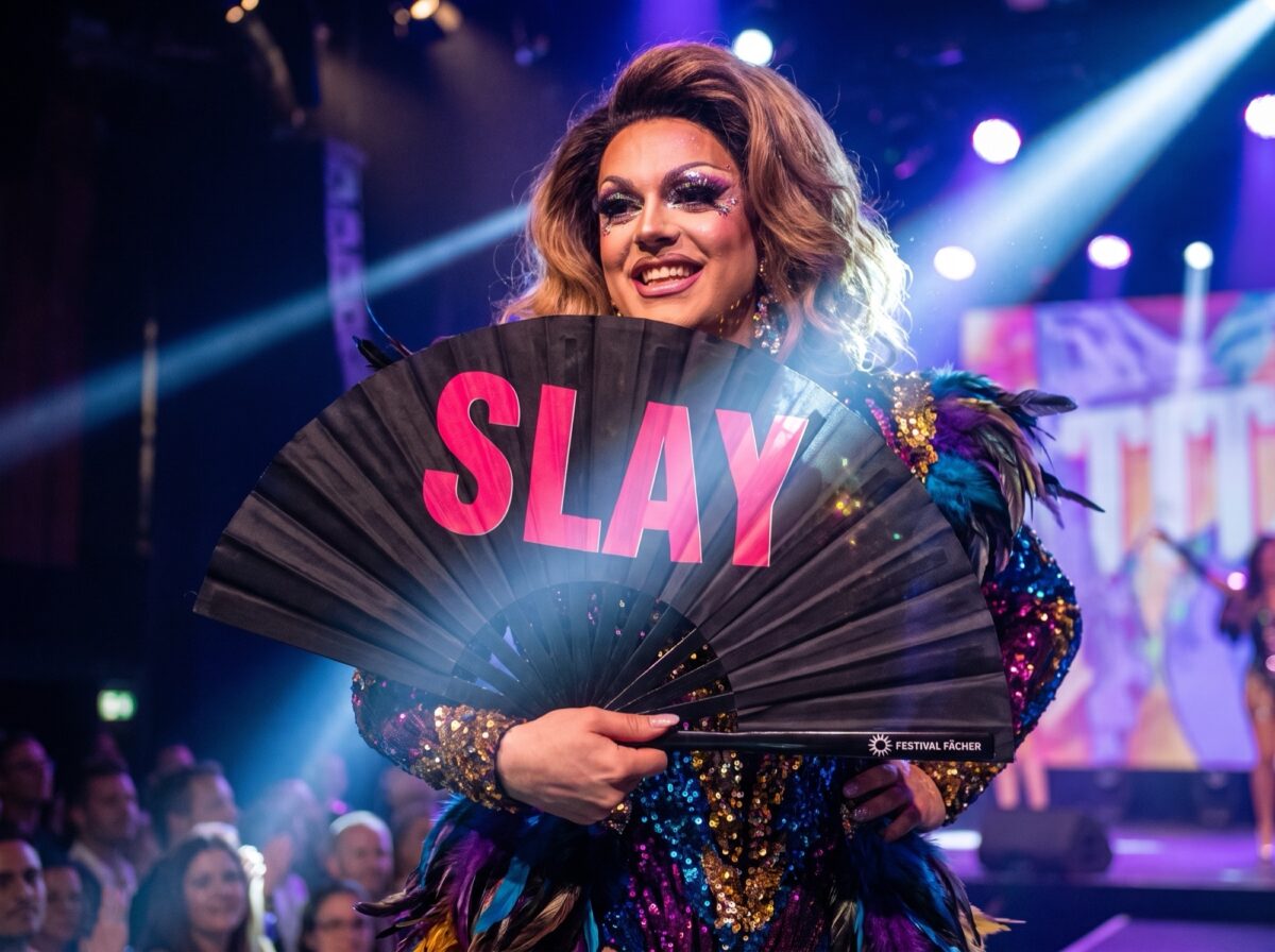 Festival Fan »SLAY« i sort/lyserød, CSD- og rave-accessoire, Visning 5
